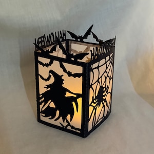 WITCH & SPIDER Mini Lantern (for battery tea lights) Gl Blk/Drip Blk w/White