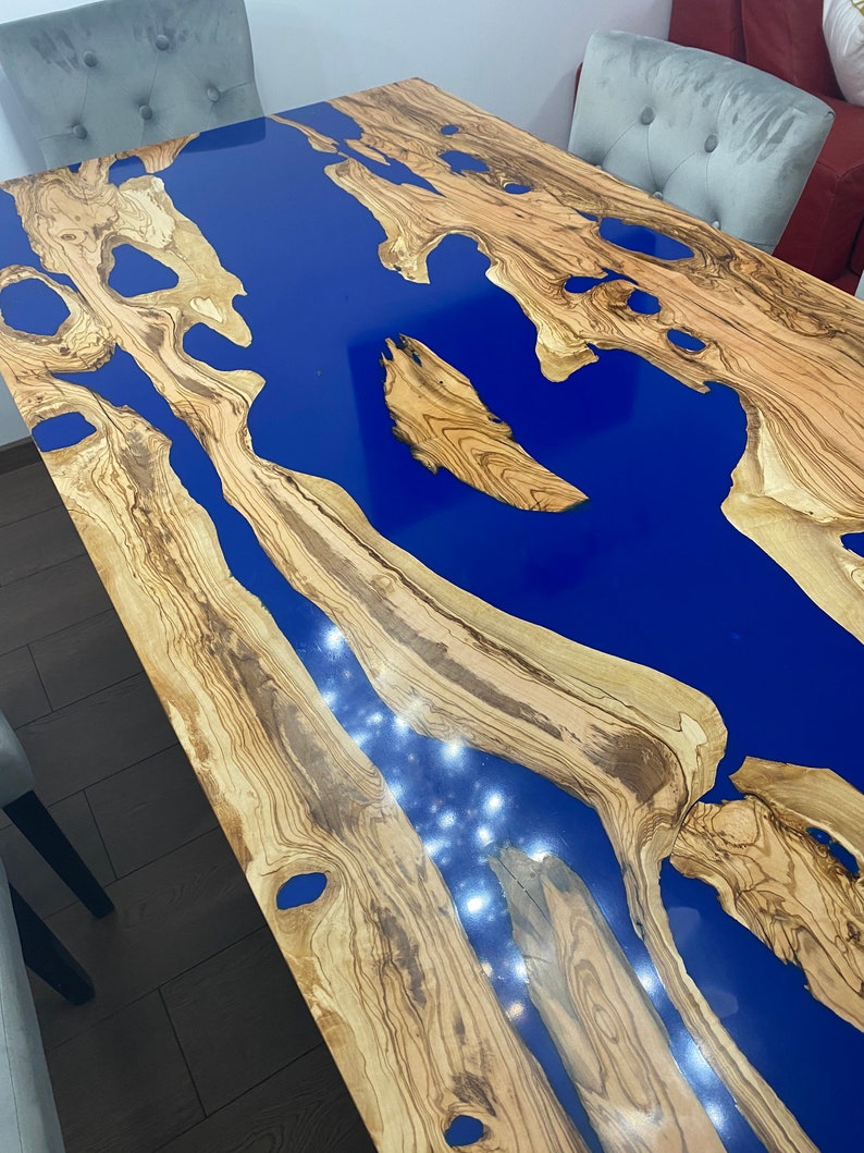 Olive Kitchen Dining Table With Blue Epoxy Resin