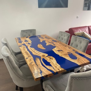 Olive dining table with blue epoxy resin / Kitchen table / Epoxy table
