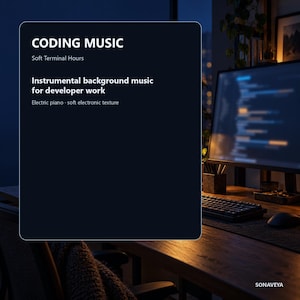 Könnte beinhalten: Eine dunkelblaue grafische Überlagerung mit weißem Text, der CODING MUSIC, Soft Terminal Hours, Instrumental background music for developer work und Electric piano · soft electronic texture über einem Computerarbeitsplatz anzeigt.