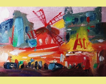 Paris Painting Original Art Cityscape Moulin Rouge Oil  Small Art  6.5" by 4" by TORVIKS