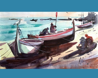 Ocean  Painting Watercolor Original Art 11.5" by 19" by TORVIKS