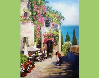 Street Cafe Painting On Custom Original Art Oil Canvas  Art Decor Home 29'' by 20'' TORVIKS