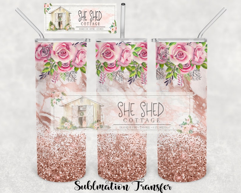 20 ounce Straight or Skinny Tumbler Pink Floral Glitter Ready to Press Pink 30oz Tumbler Sublimation Transfer