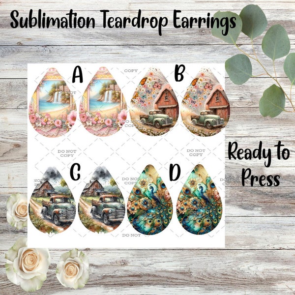 Shabby Chic Waterfall, Vintage Truck and Barn, Peacock - Ready to Press - Teardrop Earrings - Paper Transfer