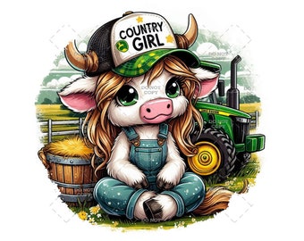 May include: A cartoon cow wearing a "Country Girl" trucker hat and denim overalls, sitting cross-legged. A green tractor and a wooden barrel of hay are in the background. The cow has long, flowing blonde hair and large green eyes.