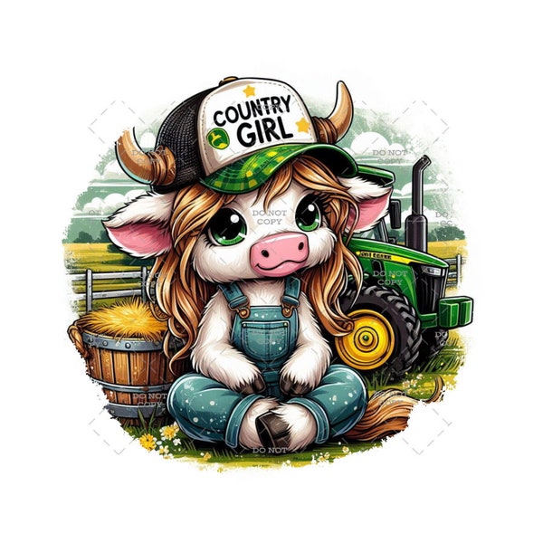 Country Girl Highland Cow DIGITAL DOWNLOAD png file | Pink Overalls