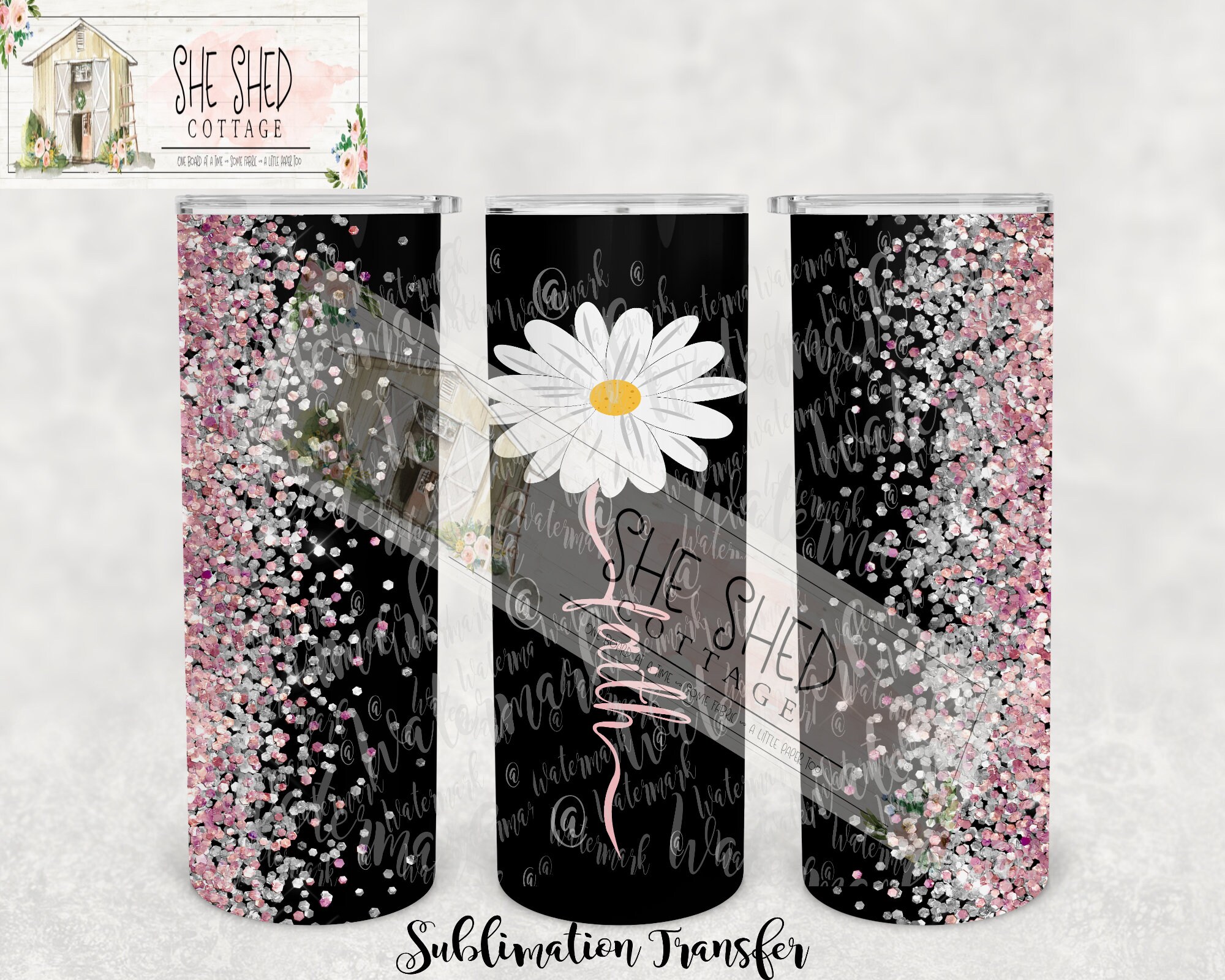 NOT A DIGITAL  Faith Daisy Pink Silver Glitter - Tumbler Sublimation …