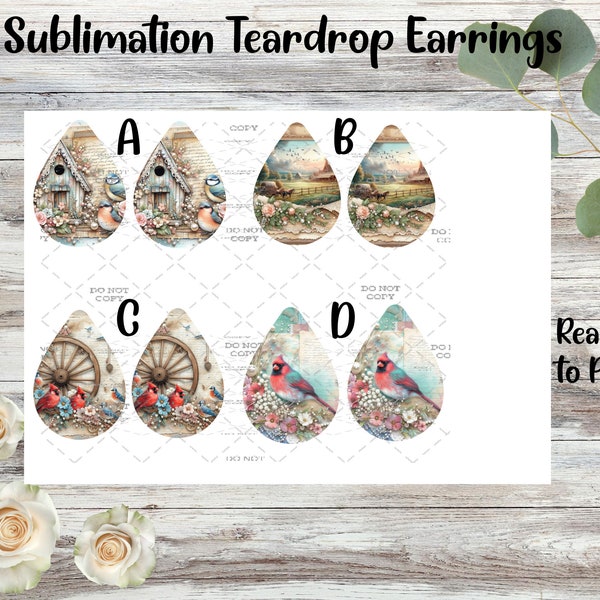 Whimsical Cardinal, Wagon Wheel, Country Farm, Victorian Birdhouse - Ready to Press - Teardrop Earrings - Paper Transfer