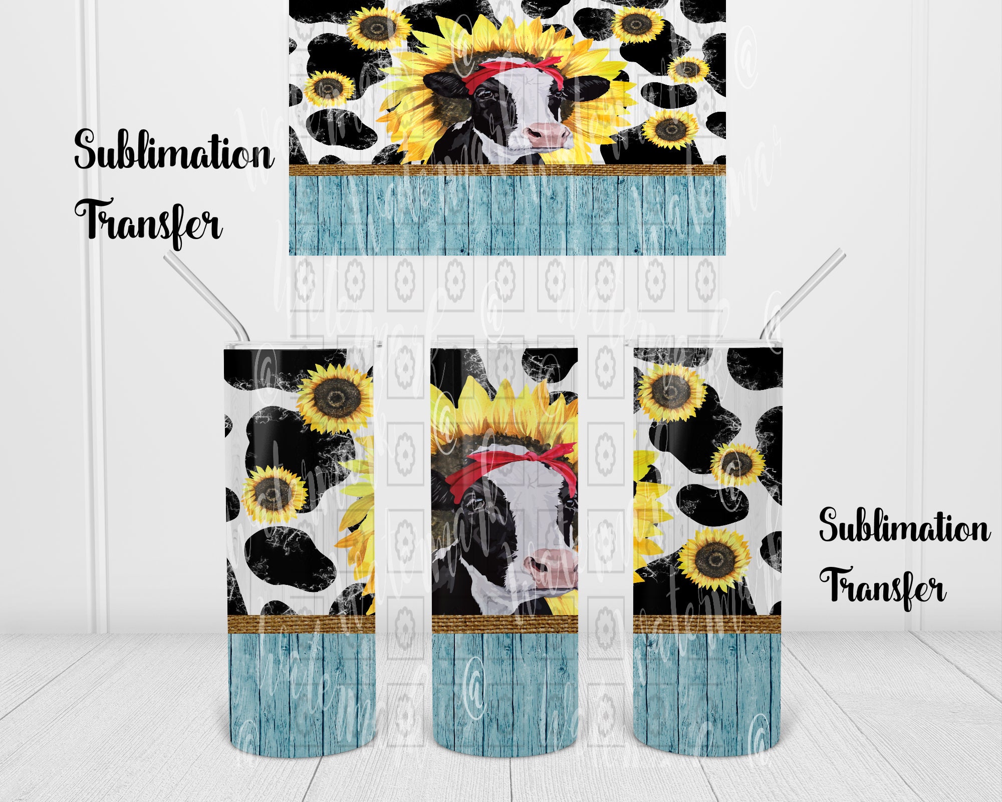 NOT A DIGITAL  Sunflower Cow Turquoise Wood - Tumbler Sublimation Tra…