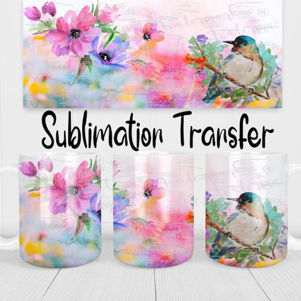 Watercolor Bird Flowers - Ready to Press - Sublimation Mug - 11oz - 12oz - 15oz - Heat Transfer