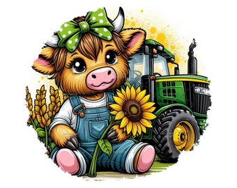 May include: A cartoon illustration of a cow wearing blue dungarees and a green polka dot bow, holding a sunflower. A green tractor is in the background. The cow is sitting next to wheat stalks. The image has a white background.