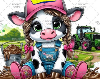 Holstein Cow Girl in Overalls and Pink DIGITAL DOWNLOAD png file