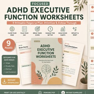 以下が含まれることがあります： 脳のイラスト、葉のモチーフ、ニュートラルな色調が特徴の、ADHD実行機能ワークシート9枚セット。ブレインダンプ、デイリープランナー、タスクの細分化、優先順位付け、週次振り返りなどのセクションが含まれています。