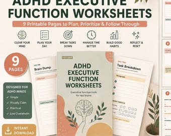 ADHD Executive Function Worksheets, Task Breakdown Planner, Printable Focus & Time Management Toolkit
