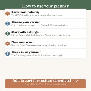 May include: An instructional graphic titled How to use your planner with five numbered steps: Download instantly, Choose your version, Start with settings, Plan your week, and Check in on yourself. A bottom button reads Add to cart for instant download.