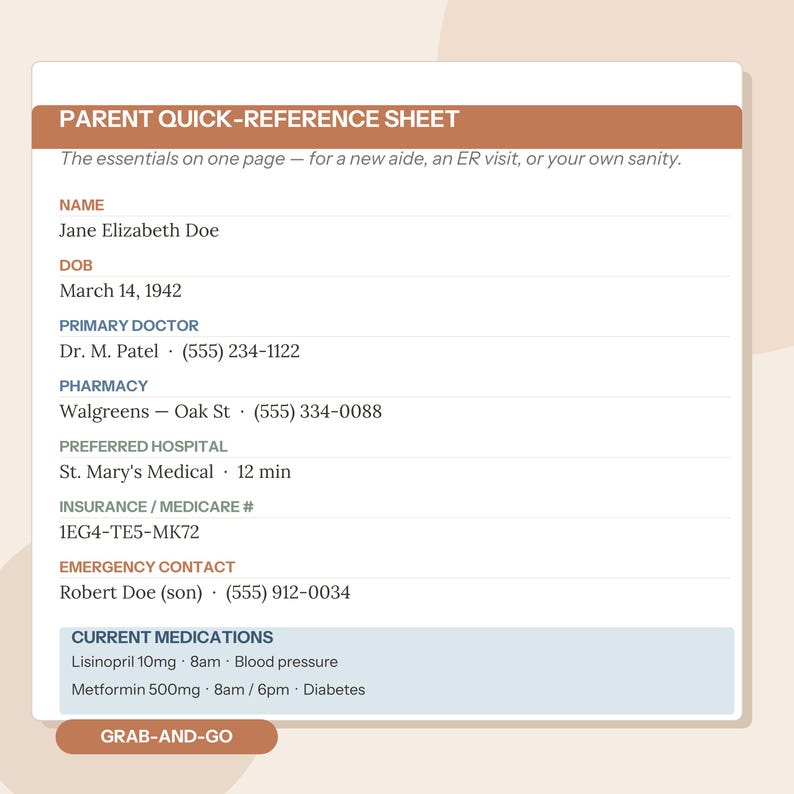May include: A white Parent Quick-Reference Sheet with brown and blue headers. It lists personal details including Name: Jane Elizabeth Doe, DOB: March 14, 1942, Primary Doctor: Dr. M. Patel, Pharmacy: Walgreens, Hospital, Insurance, Emergency Contact, and Medications.