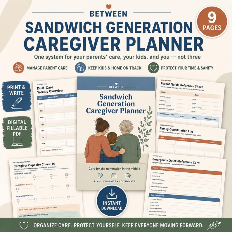 May include: A 9-page Sandwich Generation Caregiver Planner featuring a central cover with an illustration of three people, surrounded by various printable forms including a Dual-Care Weekly Overview, Parent Quick-Reference Sheet, and Emergency Card.