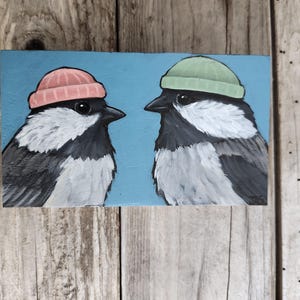 Handpainted original chickadee pair on repurposed wood