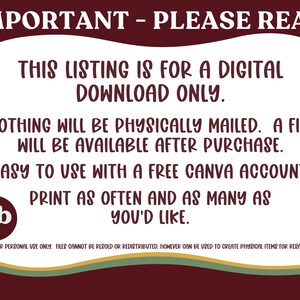 Puede incluir: Anuncio de un listado de descarga digital con el texto "IMPORTANT - PLEASE READ". El texto explica que es solo una descarga digital, no se enviar&aacute; ning&uacute;n art&iacute;culo f&iacute;sico. F&aacute;cil de usar con una cuenta gratuita de Canva.