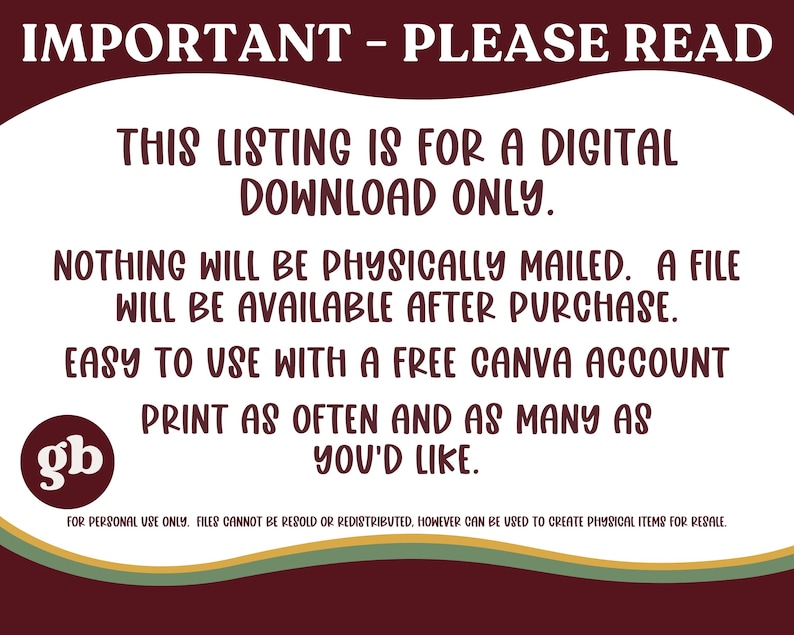 Puede incluir: Anuncio de un listado de descarga digital con el texto "IMPORTANT - PLEASE READ". El texto explica que es solo una descarga digital, no se enviar&aacute; ning&uacute;n art&iacute;culo f&iacute;sico. F&aacute;cil de usar con una cuenta gratuita de Canva.