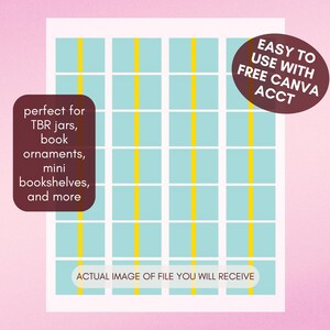 Puede incluir: Un archivo digital con un patr&oacute;n de cuadr&iacute;cula de cuadrados azul claro y l&iacute;neas verticales amarillas. La imagen incluye el texto "EASY TO USE WITH FREE CANVA ACCT" y "ACTUAL IMAGE OF FILE YOU WILL RECEIVE". Texto adicional dice "perfect for TBR jars, book ornaments, mini bookshelves, and more."
