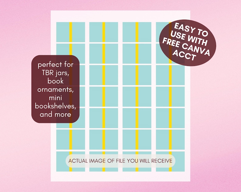Puede incluir: Un archivo digital con un patr&oacute;n de cuadr&iacute;cula de cuadrados azul claro y l&iacute;neas verticales amarillas. La imagen incluye el texto "EASY TO USE WITH FREE CANVA ACCT" y "ACTUAL IMAGE OF FILE YOU WILL RECEIVE". Texto adicional dice "perfect for TBR jars, book ornaments, mini bookshelves, and more."