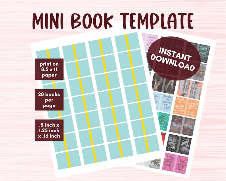 Puede incluir: Una plantilla para mini libros con el texto "MINI BOOK TEMPLATE". La plantilla presenta una cuadr&iacute;cula de rect&aacute;ngulos azul claro con l&iacute;neas verticales amarillas. El texto incluye "print on 8.5 x 11 paper", "28 books per page" y dimensiones de aproximadamente 2,03 cm x 3,18 cm x 0,41 cm.
