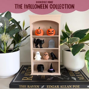 May include: A beige miniature bookshelf containing small Halloween-themed figurines including two orange pumpkins, a black cat, a gray tombstone, a white ghost, a brown owl, a black crow, a black cauldron, and a black witch hat with a purple band.