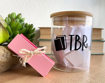 LAST CHANCE:  Glass TBR Jar with Bamboo Lid and 50 Paper Strips, Bookshelf Decor, Book Club Gift