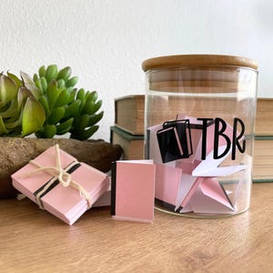TBR Jar with 30 Mini Book Style Paper Slips, Glass To Be Read Jar with Bamboo Lid, Bookshelf Decor, Bookish Merch, Book Club Gift, Book Nook