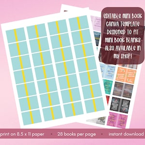 Op de afbeelding: Een bewerkbaar Canva-sjabloon voor miniboeken met een raster van lichtblauwe rechthoeken met gele verticale lijnen. De tekst luidt: eDITABLE MINI BOOK CANVA TEMPLATE DESIGNED TO FIT MINI BOOK BLANKS ALSO AVAILABLE IN MY SHOP!