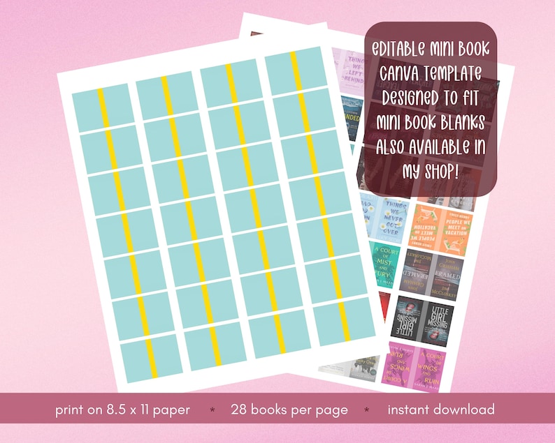 Op de afbeelding: Een bewerkbaar Canva-sjabloon voor miniboeken met een raster van lichtblauwe rechthoeken met gele verticale lijnen. De tekst luidt: eDITABLE MINI BOOK CANVA TEMPLATE DESIGNED TO FIT MINI BOOK BLANKS ALSO AVAILABLE IN MY SHOP!