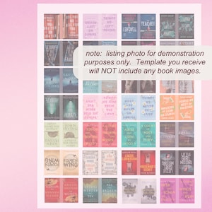 Puede incluir: Una cuadr&iacute;cula de portadas de libros con varios t&iacute;tulos y colores, dispuestas sobre un fondo rosa. Las portadas presentan diversos dise&ntilde;os y textos. Un cuadro de texto dice: "note: listing photo for demonstration purposes only. Template you receive will NOT include any book images."