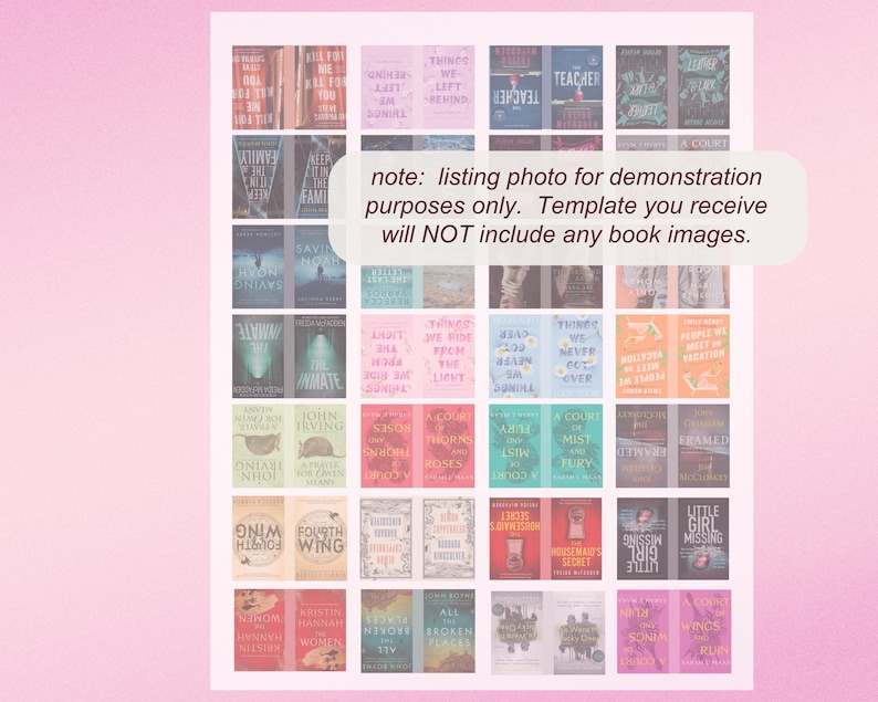 Puede incluir: Una cuadr&iacute;cula de portadas de libros con varios t&iacute;tulos y colores, dispuestas sobre un fondo rosa. Las portadas presentan diversos dise&ntilde;os y textos. Un cuadro de texto dice: "note: listing photo for demonstration purposes only. Template you receive will NOT include any book images."