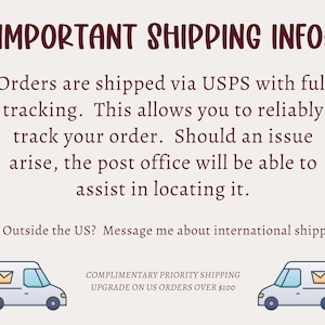May include: A light-colored informational graphic featuring dark brown text that reads IMPORTANT SHIPPING INFO, followed by details about USPS tracking and international shipping inquiries, with two small white delivery van icons at the bottom.