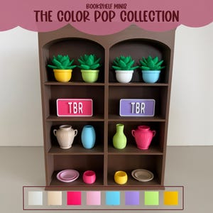 May include: A brown miniature bookshelf with two columns of shelves displaying various items including green succulent plants in colorful pots, rectangular signs with the text TBR, small vases, and miniature plates in shades of pink, blue, yellow, and white.