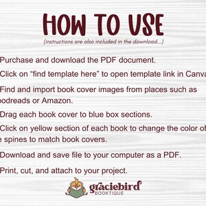 Puede incluir: Instrucciones en texto rojo oscuro sobre fondo blanco sobre c&oacute;mo usar un documento PDF. Los pasos incluyen la descarga, edici&oacute;n e impresi&oacute;n de un proyecto. El logotipo de Graciebird Booktique est&aacute; en la parte inferior.