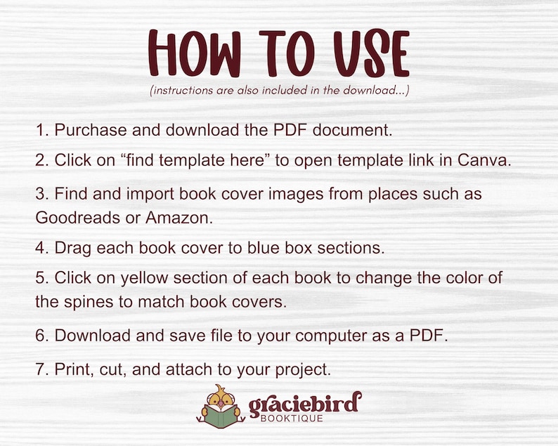 Puede incluir: Instrucciones en texto rojo oscuro sobre fondo blanco sobre c&oacute;mo usar un documento PDF. Los pasos incluyen la descarga, edici&oacute;n e impresi&oacute;n de un proyecto. El logotipo de Graciebird Booktique est&aacute; en la parte inferior.