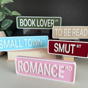 May include: A collection of five rectangular signs with raised white lettering. The signs read BOOK LOVER LN in olive green, TO BE READ in beige, SMALL TOWN RD in light blue, SMUT ST in dark red, and ROMANCE RD in light pink.