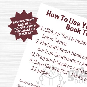 Puede incluir: Una hoja de papel blanca con instrucciones sobre c&oacute;mo usar una plantilla de libro. El texto incluye pasos para encontrar e importar portadas de libros de sitios como Goodreads y Amazon. Un gr&aacute;fico de estrella granate dice "Instrucciones y consejos incluidos con la compra de la plantilla."