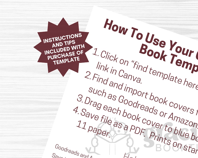 Puede incluir: Una hoja de papel blanca con instrucciones sobre c&oacute;mo usar una plantilla de libro. El texto incluye pasos para encontrar e importar portadas de libros de sitios como Goodreads y Amazon. Un gr&aacute;fico de estrella granate dice "Instrucciones y consejos incluidos con la compra de la plantilla."