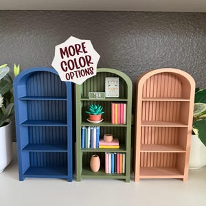 May include: Three miniature arched bookshelves in navy blue, olive green, and peach. The green shelf contains tiny books, a small potted succulent, a vase, and a sign reading TBR. A white sign above the shelves says MORE COLOR OPTIONS.