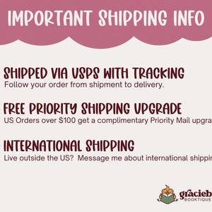 May include: A light pink informational graphic with dark maroon text. The header reads IMPORTANT SHIPPING INFO. Three bullet points feature pink flower icons followed by text regarding USPS tracking, priority shipping upgrades, and international shipping. A small logo at the bottom shows a bird reading a book with the text graciebird BOOKTIQUE.