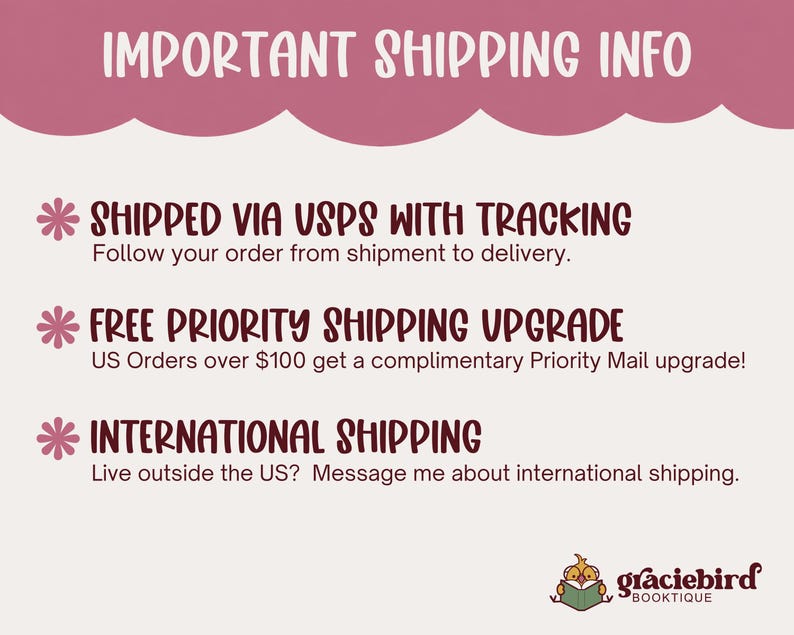 May include: A light pink informational graphic with dark maroon text. The header reads IMPORTANT SHIPPING INFO. Three bullet points feature pink flower icons followed by text regarding USPS tracking, priority shipping upgrades, and international shipping. A small logo at the bottom shows a bird reading a book with the text graciebird BOOKTIQUE.