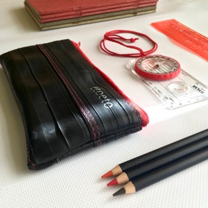 Robust large lined and zippered pencil case from upcycled bicycle inner tube and broken umbrella, vegan, uk made