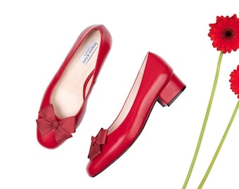 Wide Fit Red Leather Pumps with Grosgrain Bow - EU Size 37 (US size 6)