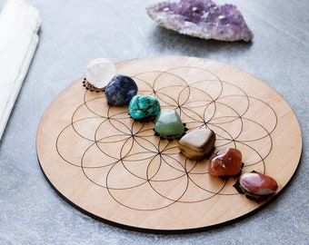Crystal grid, wood chakras grid board,chakras balance grid,chakras healing,flower of life crystal grid, reiki energy chakras align grid