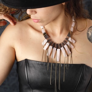 Micro Macrame Rose Quartz Necklace with Bronze Chains