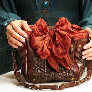 Handmade Leather Handbag: Boho Vintage Style with Terracotta Scarf